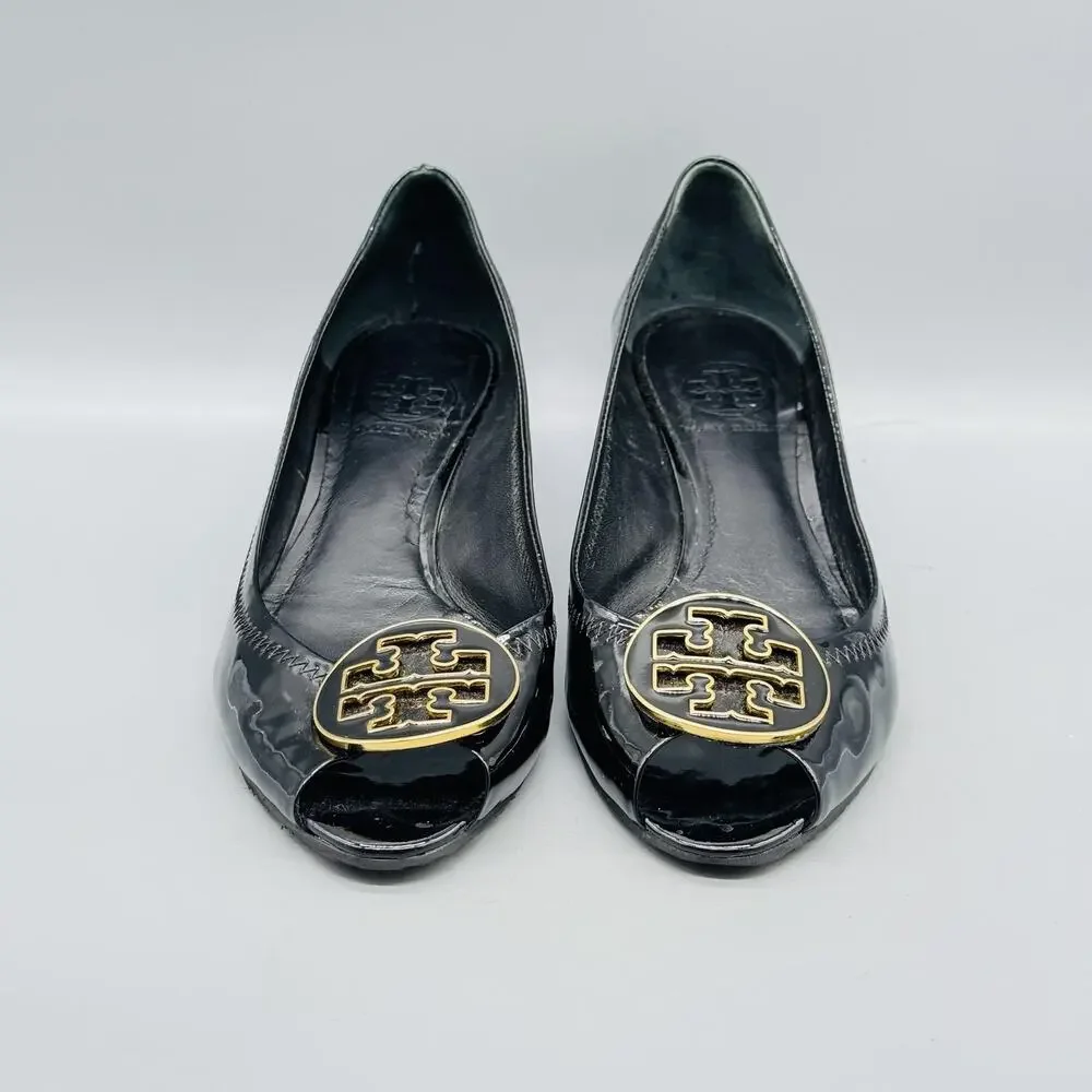 Tory Burch Shoes Womens 8 Black Patent Wedge Heel Pumps Peep Toe Logo Flats